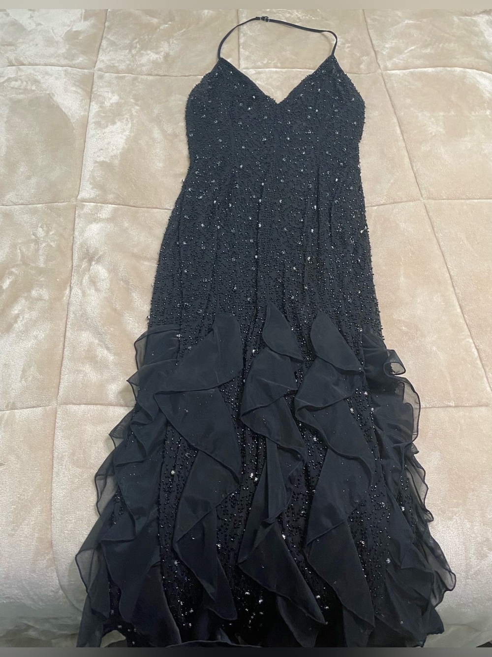 Oh Polly Black Beaded Ruffle Halter Prom Dress